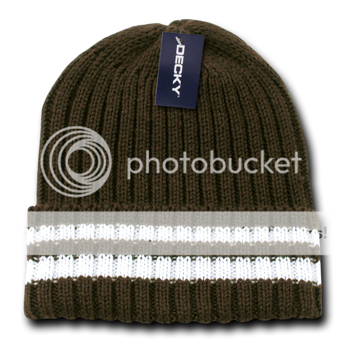 Stylish Sweater Winter Cap Beanie Knit Hat Toboggan w Stripes Decky 622 Brown